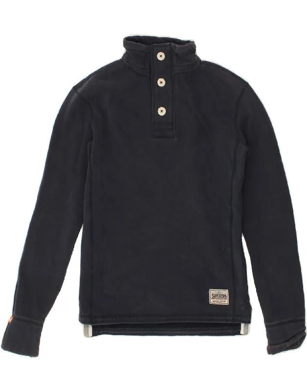 SUPERDRY Mens Button Neck Sweatshirt Jumper Small Navy Blue Cotton Hoodie with Ribbed Cuffs Snug Fit Comfort SUPERDRY Mens Button Neck Sweatshirt Jumper Small Navy Blue Cotton Hoodie with Ribbed Cuffs Snug Fit Comfort