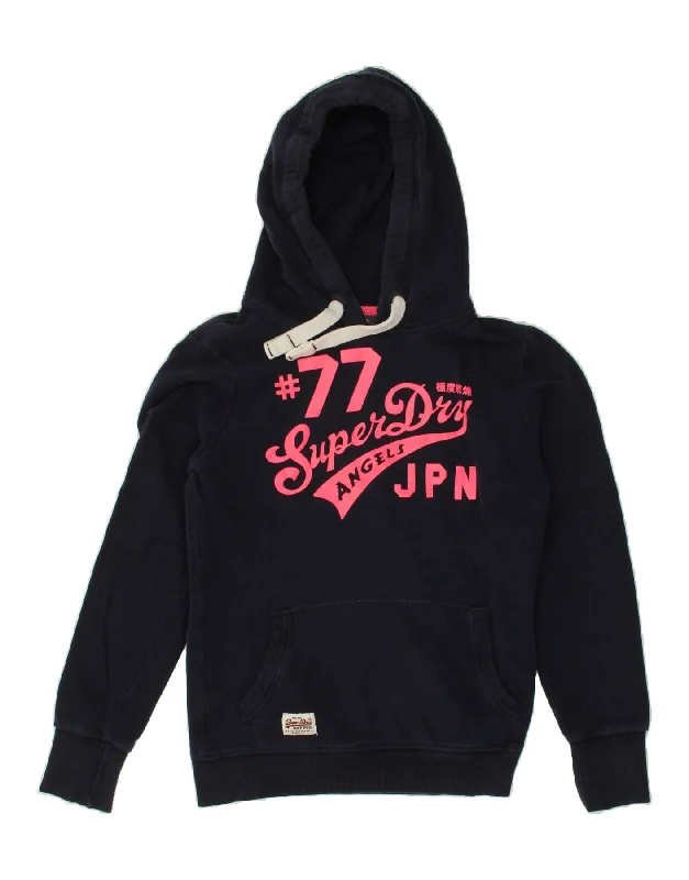 SUPERDRY Womens Graphic Hoodie Jumper UK 14 Large Navy Blue Cotton Hoodie with Tied Waist Feminine Flattering SUPERDRY Womens Graphic Hoodie Jumper UK 14 Large Navy Blue Cotton Hoodie with Tied Waist Feminine Flattering