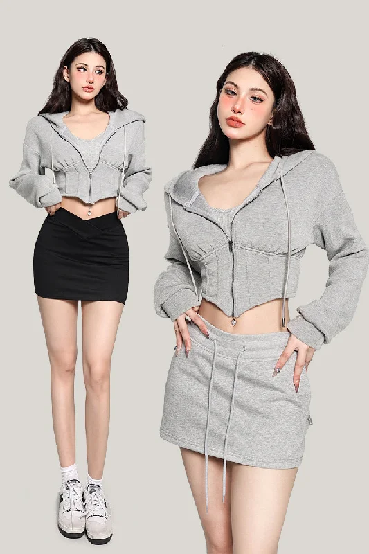 Viola Solid Color Gray Cropped Zip Up Long Sleeve Hoodie Hoodie with Cuffed Sleeves Snug Secure Viola Solid Color Gray Cropped Zip Up Long Sleeve Hoodie Hoodie with Cuffed Sleeves Snug Secure
