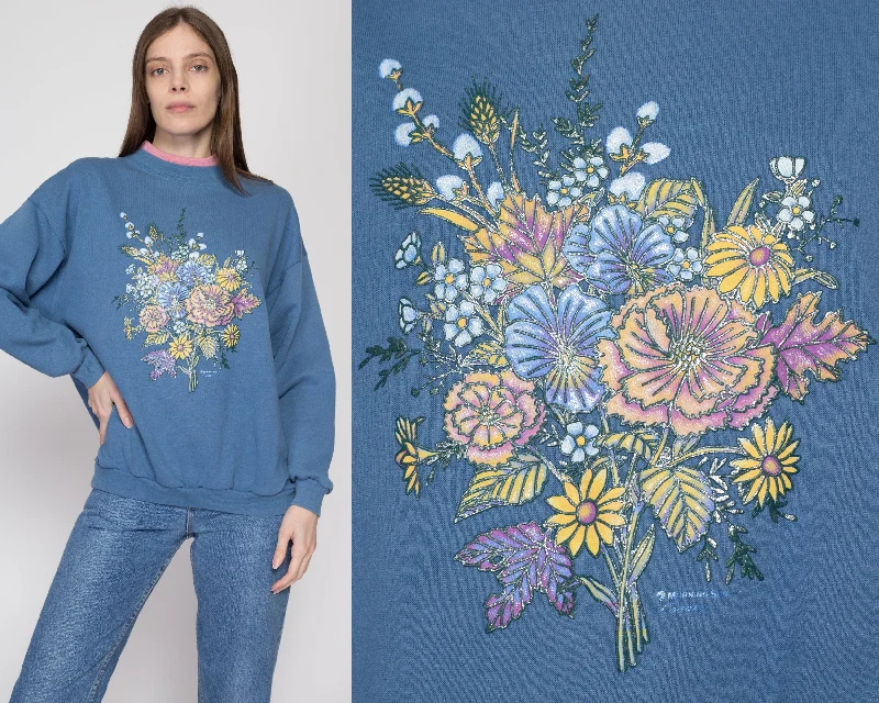 XL 90s Blue Flower Bouquet Collared Sweatshirt Hoodie Dress Longline Feminine