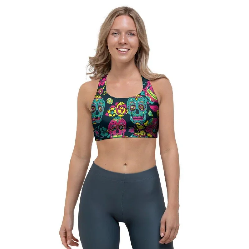 Sugar Skull Print Sports Bra Feminine Lace Bra