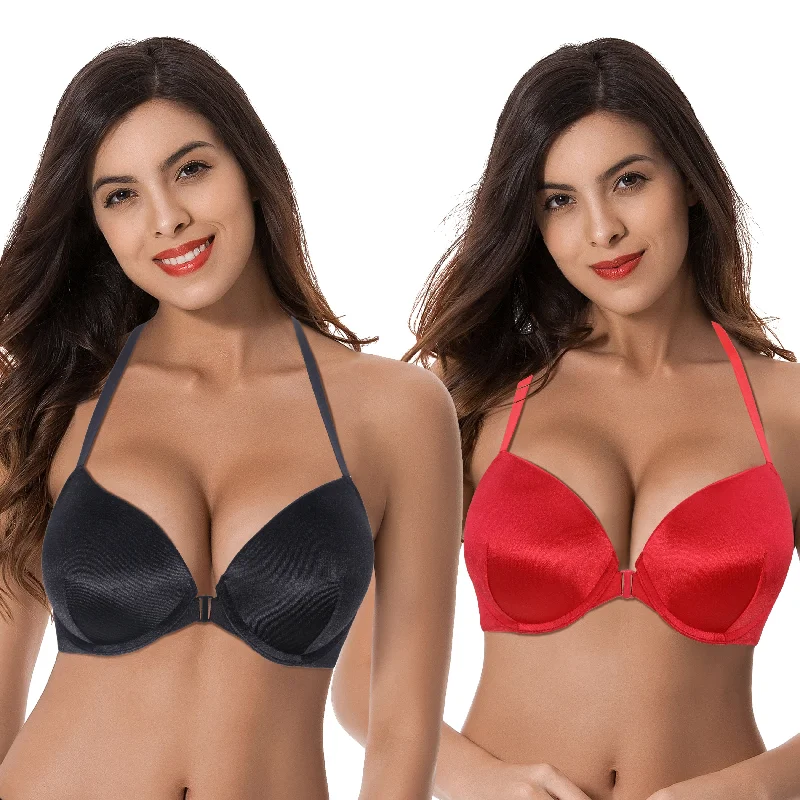 Women's Push Up Add 1 and a half Cup Underwire Halter Front Close Bras Adjustable Fit Bra