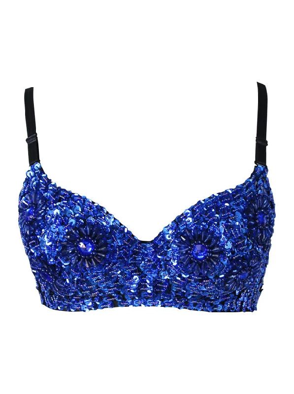 Blue Floral Sequin Bead and Gem B Cup Bra Dancing Top Stylish Lace Bralette