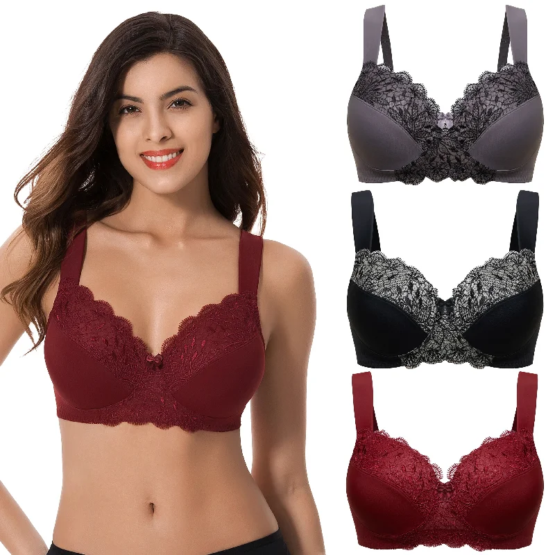 Plus Size Unlined Minimizer Wirefree Bras with Embroidery Lace Push-Up Padded Bra