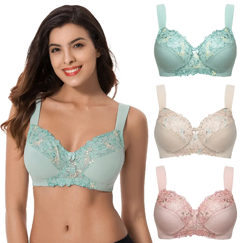 Plus Size Minimizer Unlined Wireless Bra with Lace Embroidery Supportive Sports Bra