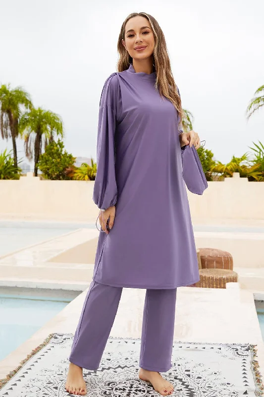 Cap, Drawstring Mock Neck Long Sleeve Top and Pants Swim Set High-Waisted Swim Bottoms