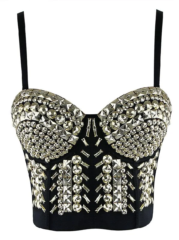 Women's Sexy Spaghetti Strap Gold Rivets Bustier Bra Padded Push-Up Bra