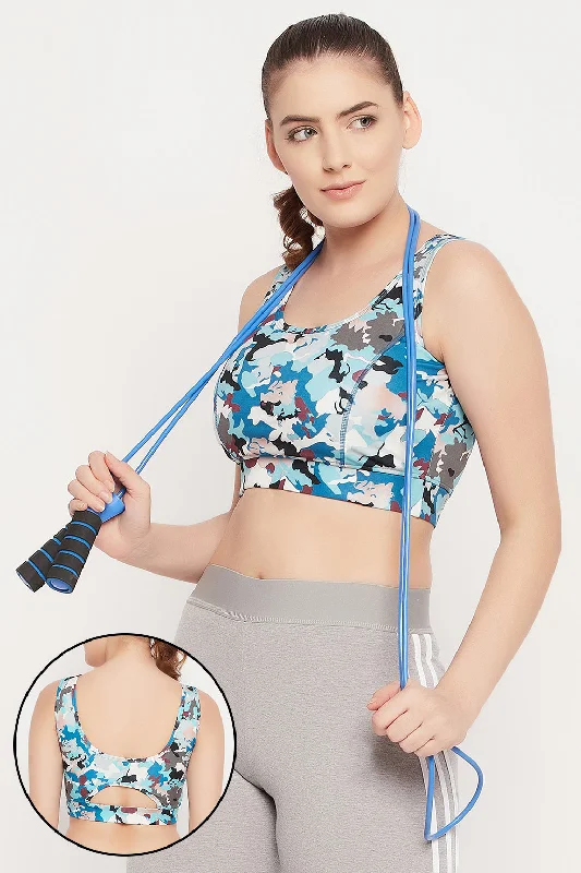 Sky Blue Medium Impact Padded Camouflage Print Sports Bra Seamless Push-Up Bra