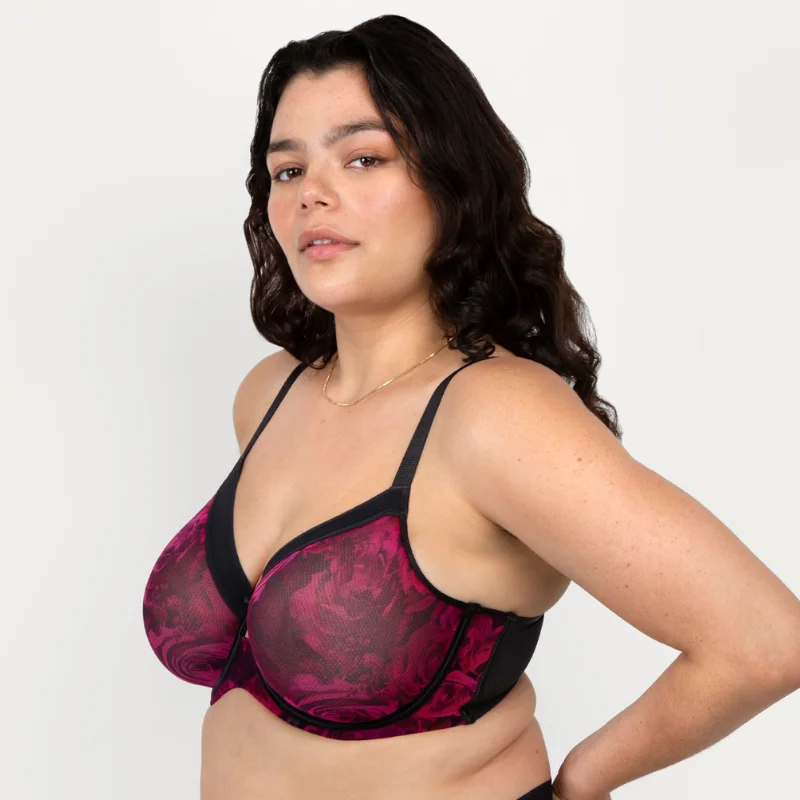 Curvy Couture Sheer Mesh Unlined Bra Dramatic Roses Seamless Sports Bra