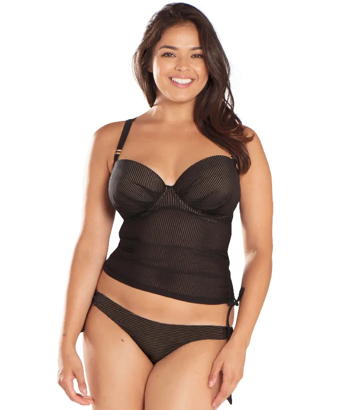 Curvy Kate Onyx Plunge Tankini - Black Stripe Ruffled Swimsuit Top