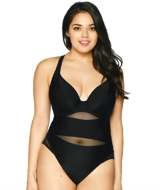 Curvy Kate Sheer Class Plunge One Piece Swimsuit - Black Cross-Back Bikini