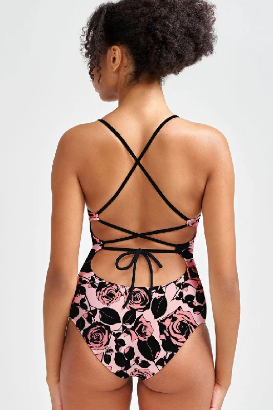 Flirty Girl Nikki Pink Flower Strappy Back One-Piece Swimsuit - Women V-Neck Swim Dress