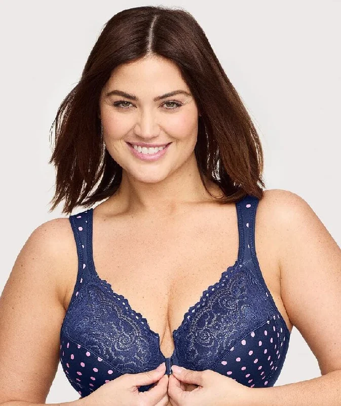 Glamorise WonderWire Front-Closure Bra - Navy Print Floral Lace Bra