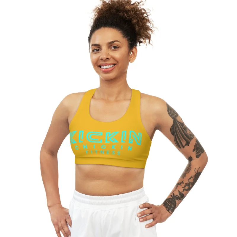 Kickin Chickin Fitness Seamless Sports Bra Yellow/Turq Wireless Push-Up Bra