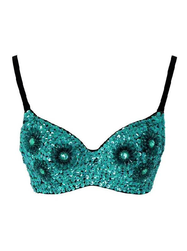 Women's Floral Sequin Bead and Gem Punk Goth B Cup Bra Dance Tribal Sport Top Lightweight Cotton Bra