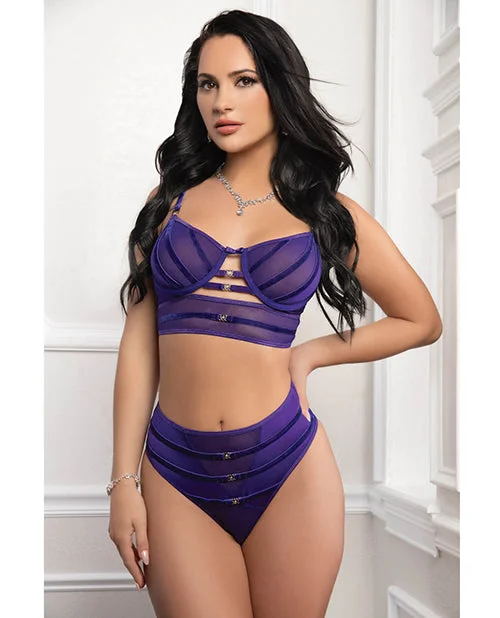 Mesh Underwire Bra 2 pc Set with Velour Accents - Purple O/S Elegant Cotton Bra