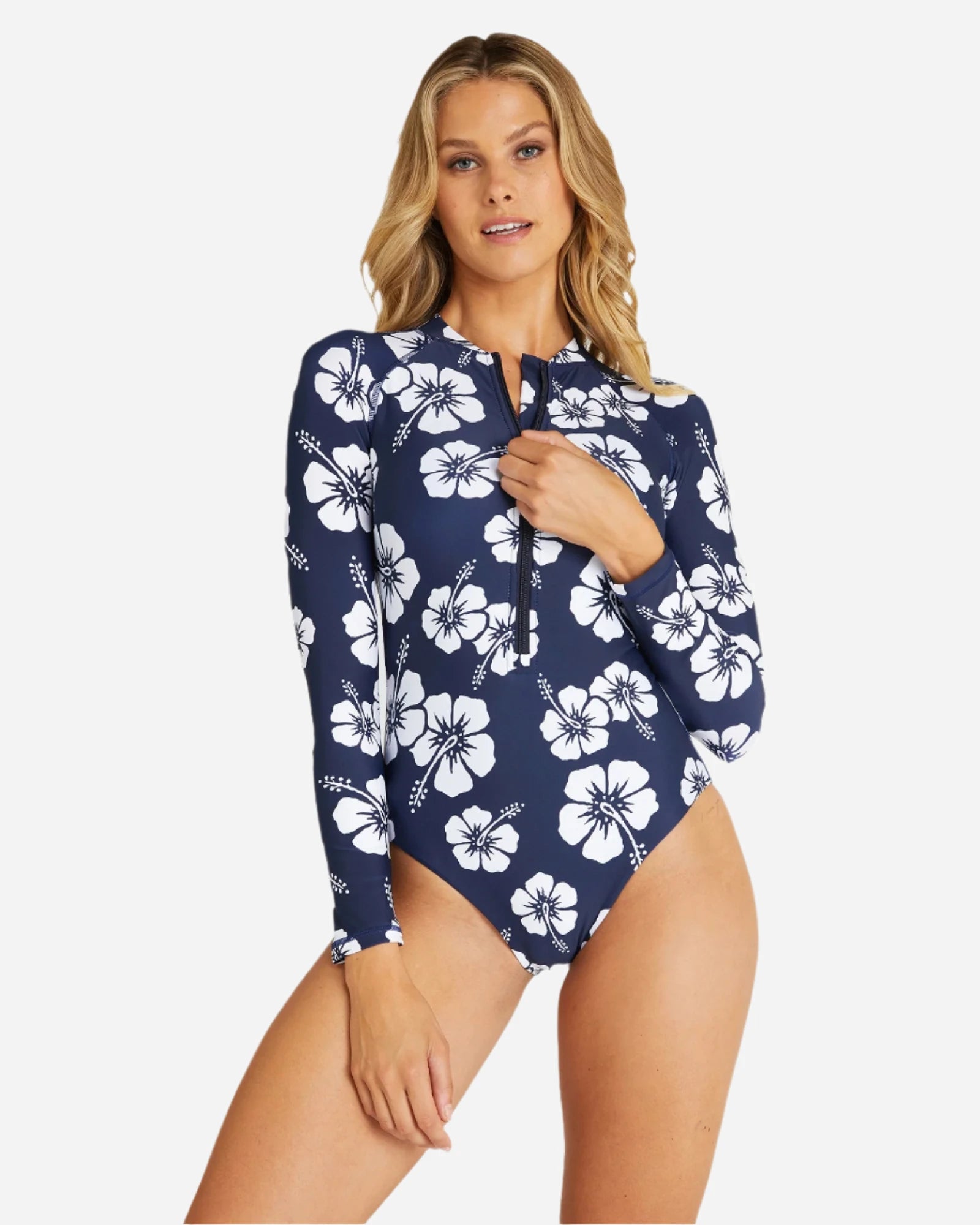 Womens - Swim Long Sleeve Suit - Hibiscus Navy Soft Beachwear Set