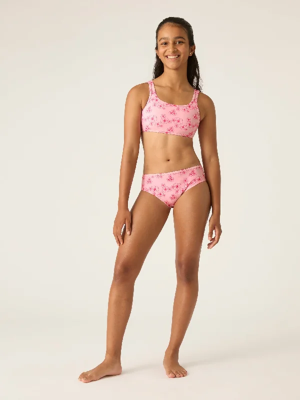 Teen Swimwear Crop Top Hibiscus Pink Print Retro-Inspired Bikini Set