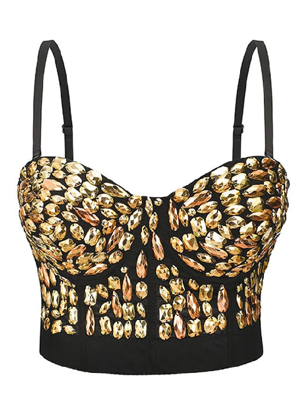 Women Punk Golden Beads B Cup Padded Boned Clubwear Bustier Bra Top Cotton Comfort Bra