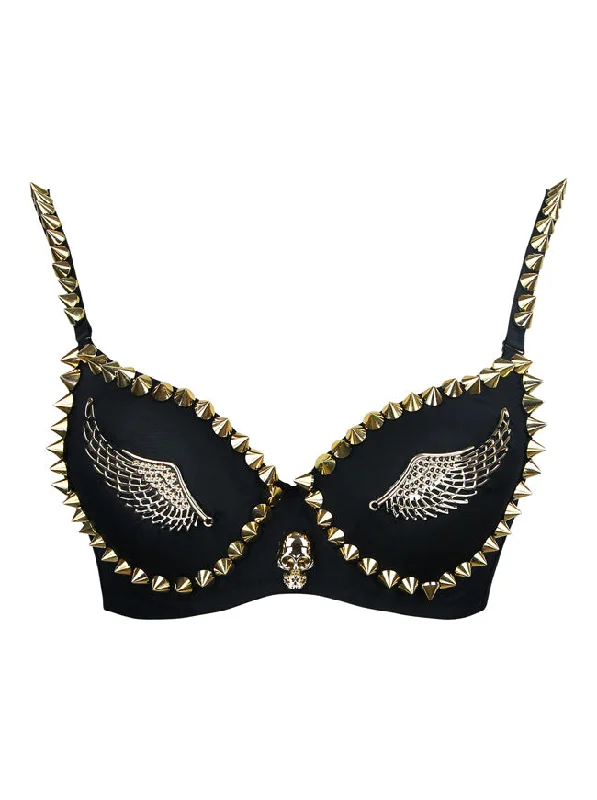 Women's Fashion B Cup Metallic Rivets Wings Punk Clubwear Bra Top Elegant Silk Bra