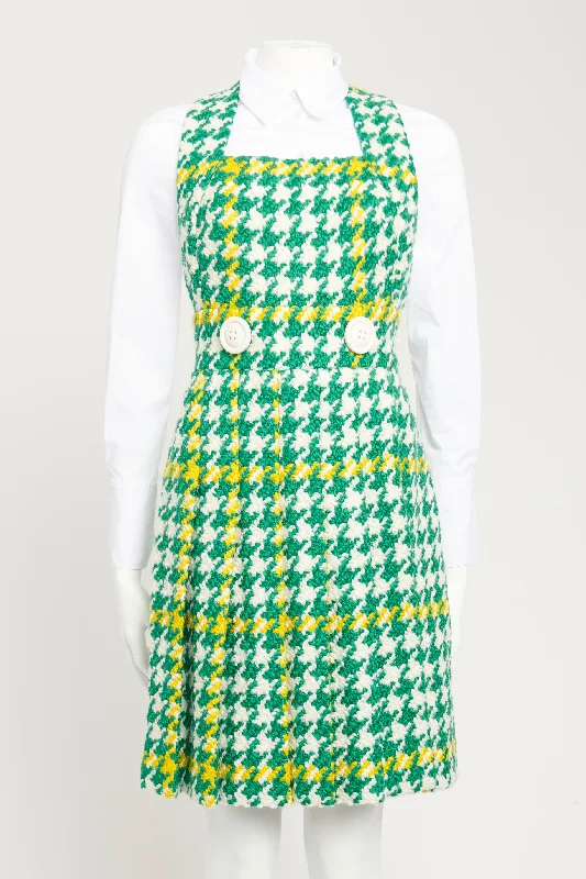 2015 Green Wool Check Preowned Houndstooth Pinafore Midi Dress Elegant Floral Midi Dress