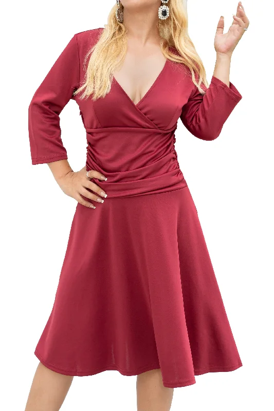 Women's 3/4 Sleeve V Neck Ruched Waist A-line Midi Dress Comfortable Adjustable Strap Midi Dress