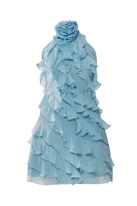 ADA ICE BLUE RUFFLE MINI DRESS Cozy Ruched Mini Dress