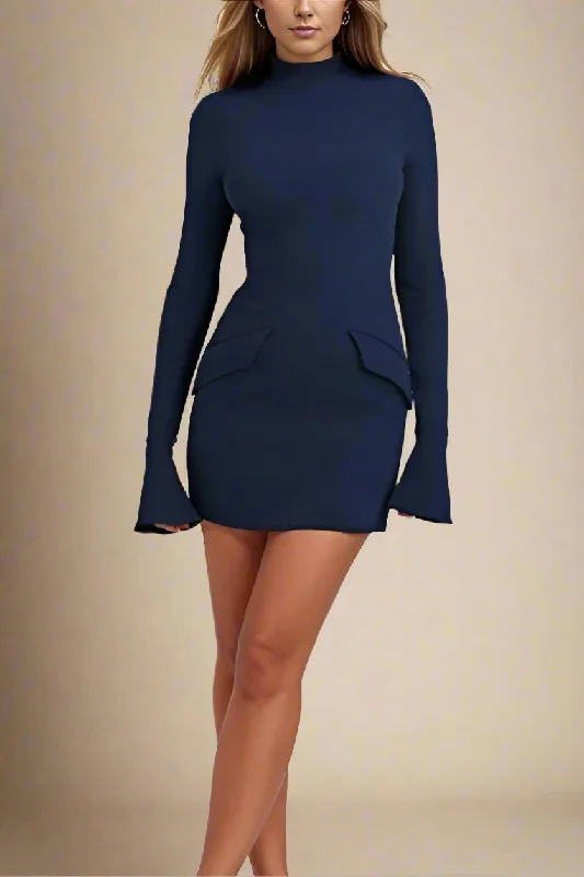 Adrian Long Sleeve Bodycon Mini Dress - Navy Blue Cozy Ruched Mini Dress