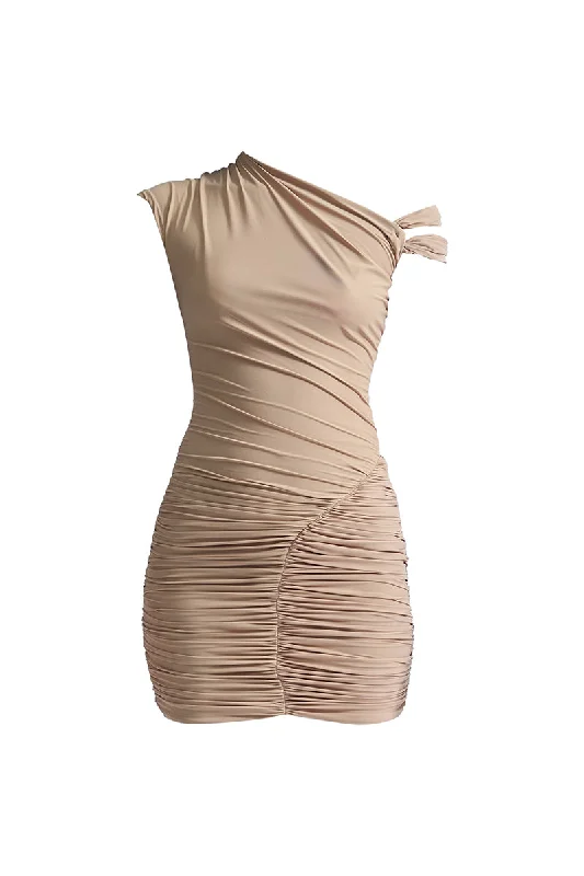 AMADEA HAZELNUT MINI DRESS Chic Pleated Mini Dress