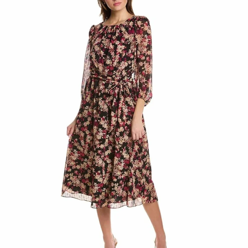 ANNE KLEIN - Long Sleeve Floral Print Chiffon MIDI Dress Elegant Satin Slip Midi Dress