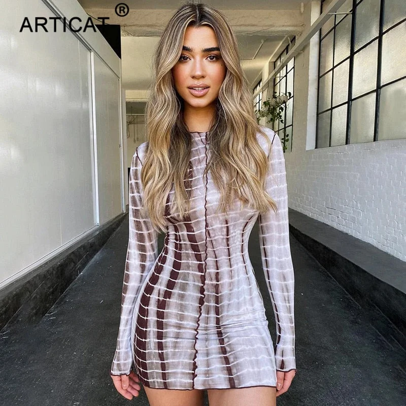 Articat Autumn Printed Women Sexy Long Sleeve O Neck Mini Dress Trendy Tie-Dye Mini Dress