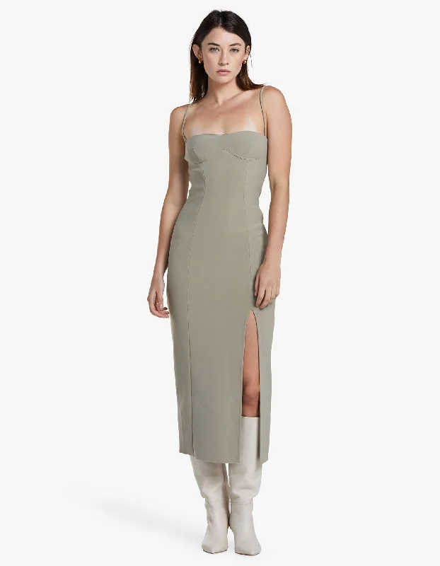 Marisol Midi Dress - Silver Sage Stylish Pleated Skirt Midi Dress