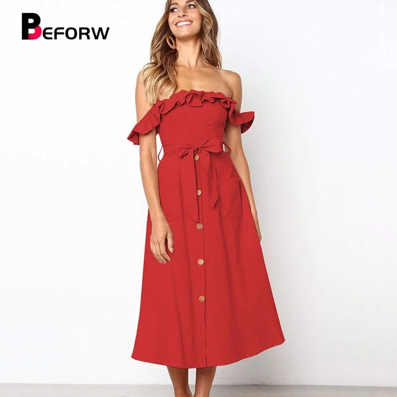 BEFORW Female Sexy Off Shoulder Midi Dress Elegant Ruffles Dresses Elegant Satin Button Midi Dress