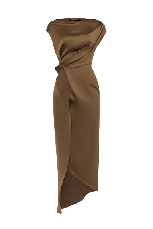 BETHANY SLIT DRAPED SATIN MIDI DRESS Trendy Knit Midi Dress