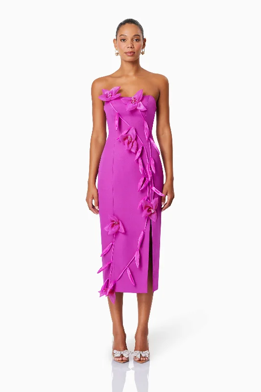 Bethany Strapless Floral Midi Dress In Purple Trendy Long Sleeve Midi Dress