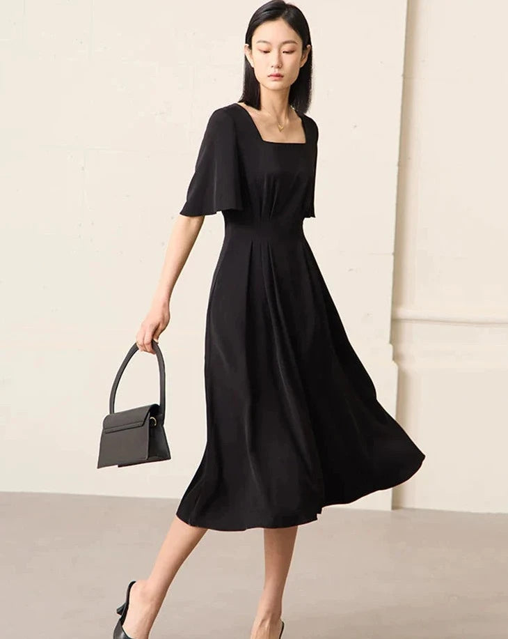 Black Minimalism A Line Chiffon Midi Dress Trendy Long Sleeve Midi Dress