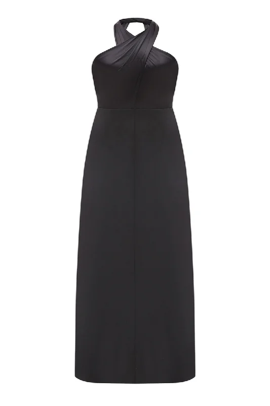 BLACK SILK AND WOOL MIDI DRESS Elegant Faux Wrap Midi Dress