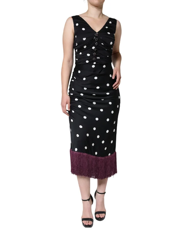 Black Silk Polka Dot V-neck Tassel Midi Dress Fashionable One-Shoulder Midi Dress