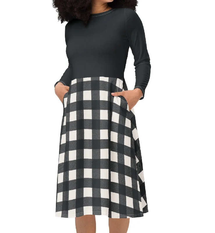 Black & White Buffalo Check Midi Dress (S-6XL) Stylish High-Waisted Midi Dress