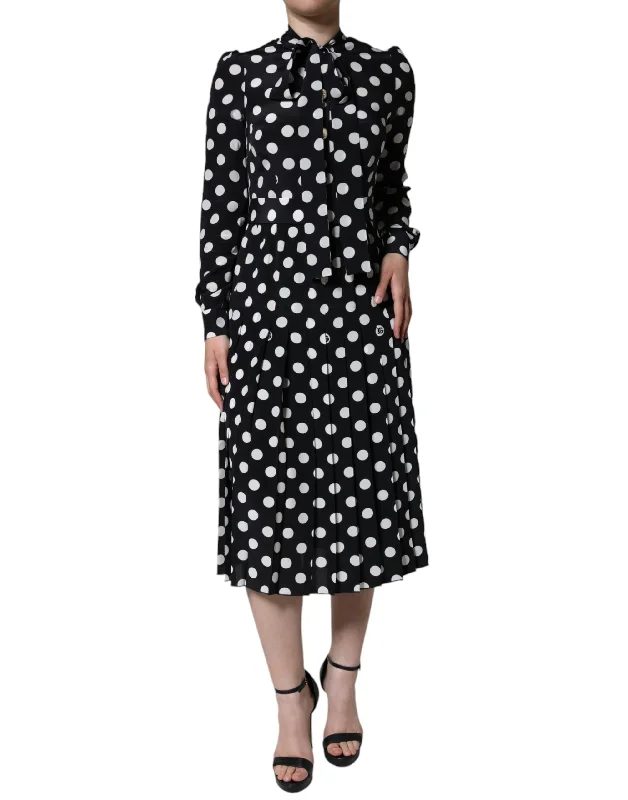 Black White Polka Dot Ascot Collar Midi Dress Comfortable Knitwear Midi Dress