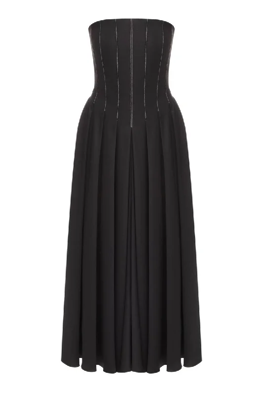 BLACK WOOL CORSET MIDI DRESS WITH WHITE STITCH DETAIL Comfortable Button Front Midi Dress