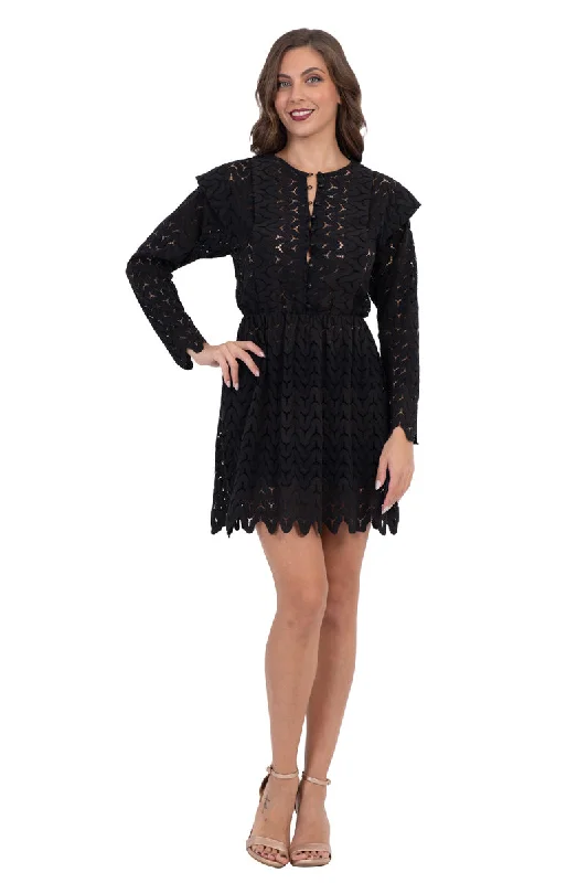 Black Zig-Zag Lace Mini Dress With Sleeves Comfortable Zip-Up Mini Dress