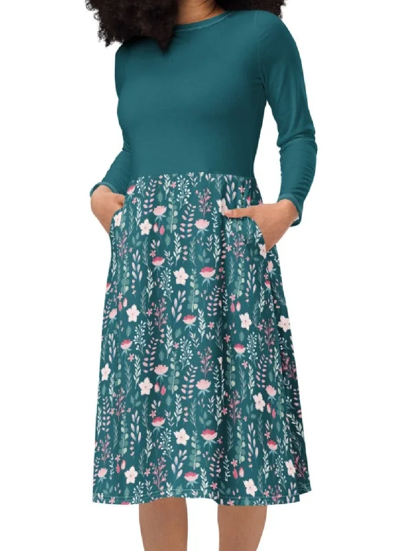 Blissful Blue Floral Long Sleeve Midi Dress (S-4XL) Fashionable One-Shoulder Midi Dress