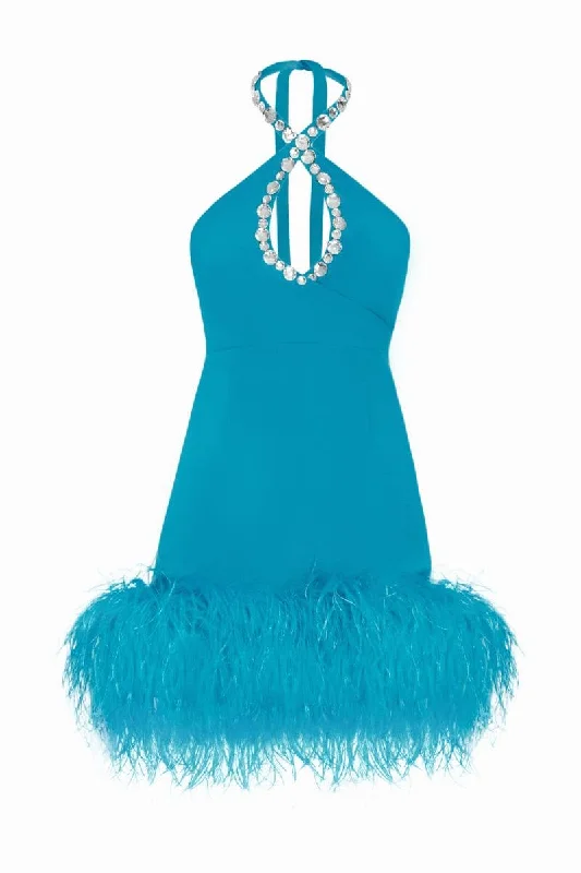 BLUE MIA FEATHER-EMBELLISHED CREPE MINI DRESS Comfortable Off-Shoulder Mini Dress