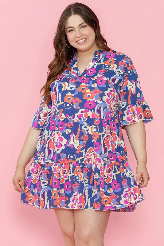 Blue Zone Planet |  Blue Plus Size Floral Print Ruffled 3/4 Sleeve Mini Dress Fashionable Lace-Trim Mini Dress