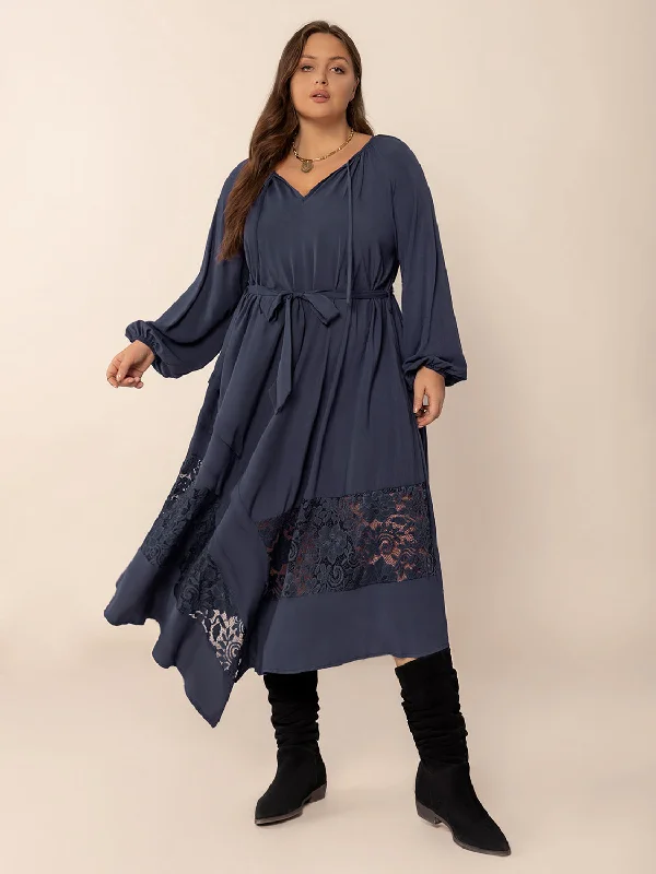 Blue Zone Planet |  Plus Size Lace Detail Tie Neck Long Sleeve Midi Dress Stylish Silk Midi Dress