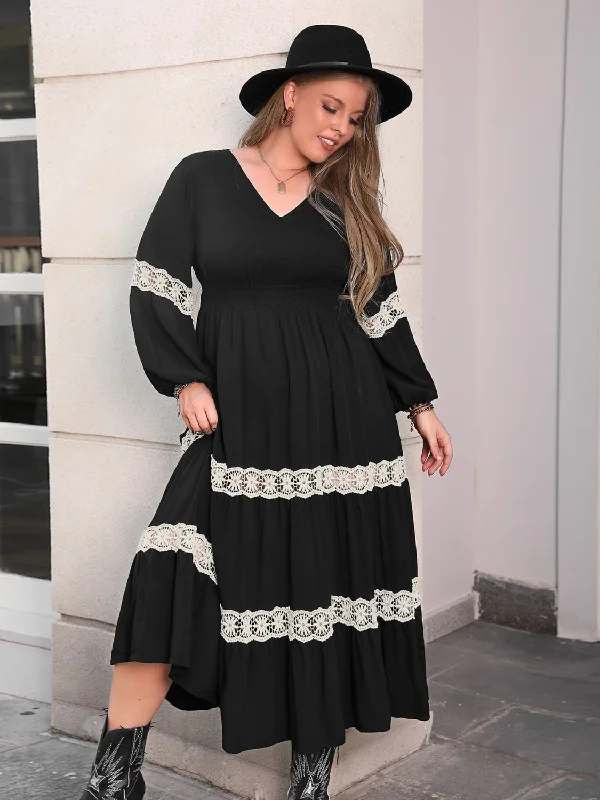 Blue Zone Planet |  Plus Size Lace Detail V-Neck Long Sleeve Midi Dress Trendy Floral Wrap Midi Dress