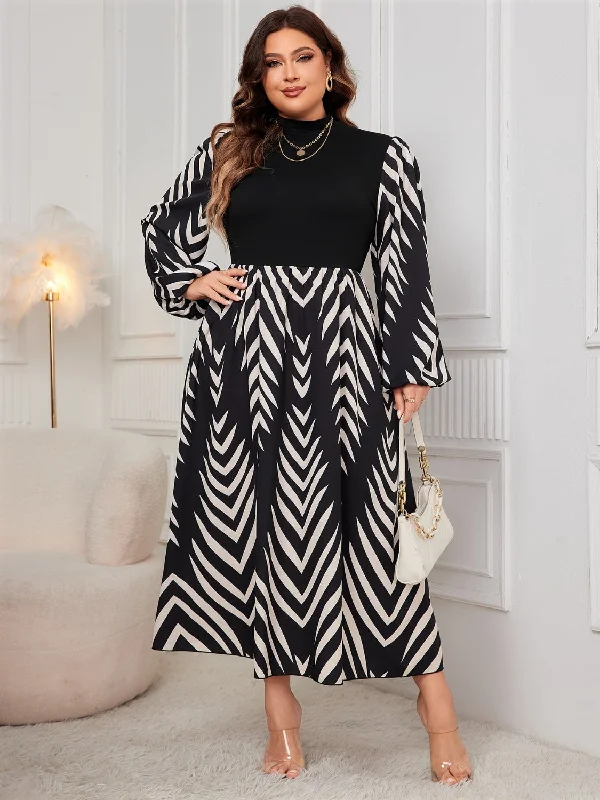 Blue Zone Planet |  Plus Size Printed Mock Neck Long Sleeve Midi Dress Comfortable Knitwear Midi Dress