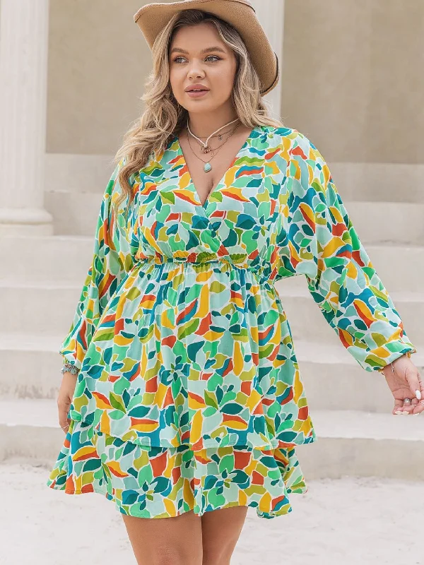 Blue Zone Planet |  Plus Size Printed Surplice Long Sleeve Mini Dress Stylish Button-Down Mini Dress