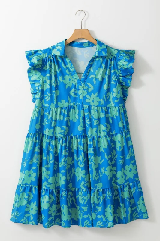 Blue Zone Planet |  Plus Size Ruffled Printed Cap Sleeve Mini Dress Comfortable One-Shoulder Mini Dress